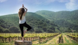 Woman doing yoga at vineyards